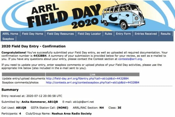 Field Day Submission Confirmation