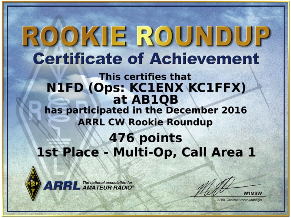2016 ARRL Rookie Roundup CW Certificate