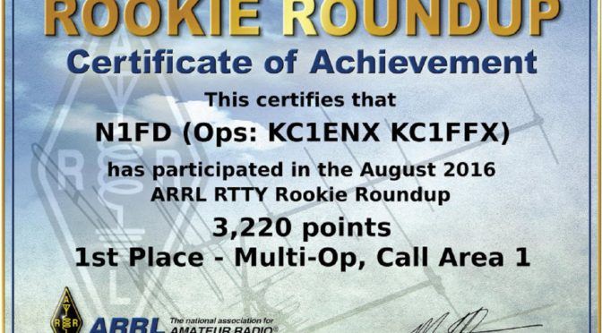 2016 ARRL Rookie Roundup RTTY Certificate