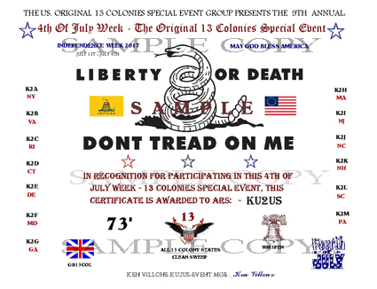 2017 Thirteen Colonies Special Event Certificate