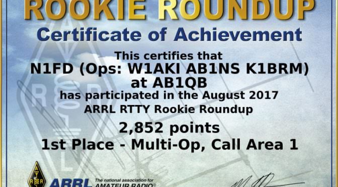 Certificate from 2017 Rookie Roundup RTTY