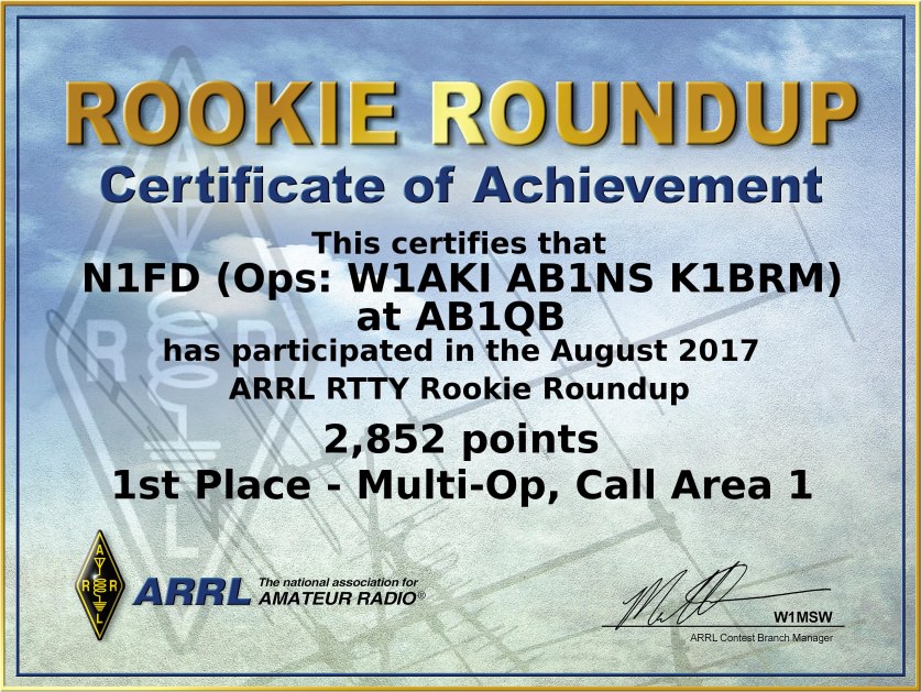 Certificate from 2017 Rookie Roundup RTTY