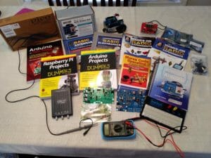 This is all of the materials I received when attending this institute. I was able to select 8 books from the ARRL catalog, a digital Picoscope, an Arduino Bo-Bot, a multimeter, several sensors, a clock kit, and several circuit kits.