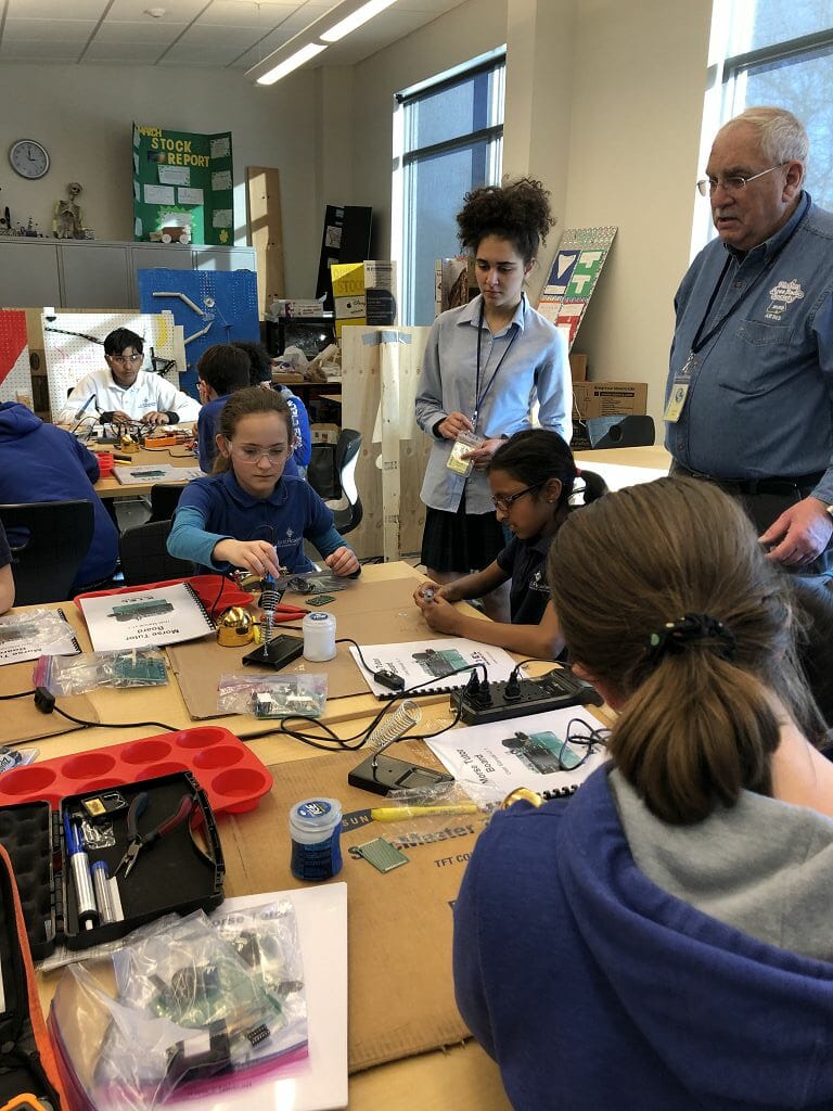 Aya KC1JEB and Tom AB1NS Mentoring Student Kit Build