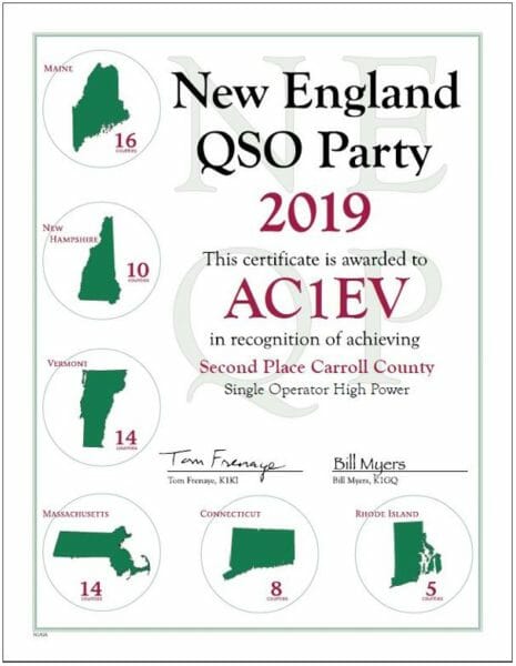 New England QSO Party Certificate