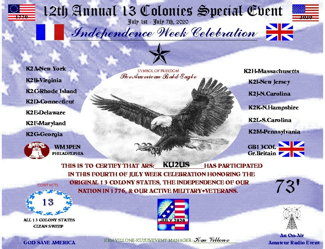 2020 13 Colonies Special Event Certificate